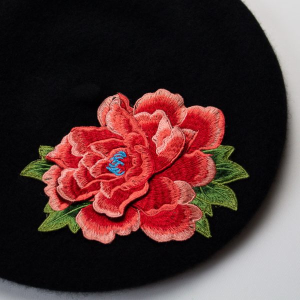 Black Women's Beret with Coral Embroidered Flower