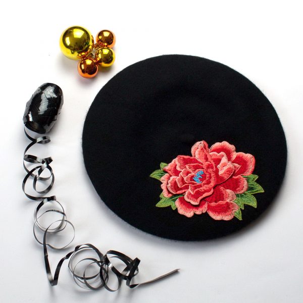 Black Beret with Coral Flower