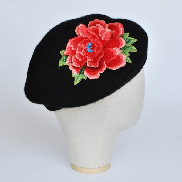 Black French Beret with Coral Embroidered Flower