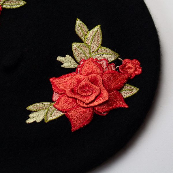 Black Women's Beret with Embroidery Coral Roses
