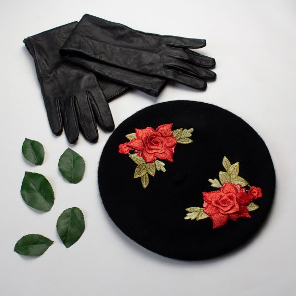 Black Beret with Coral Roses