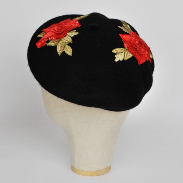 Black Wool Felt Beret Hat with Coral Roses