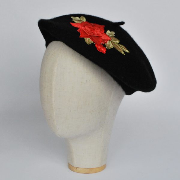 Black Beret Hat with Coral Roses