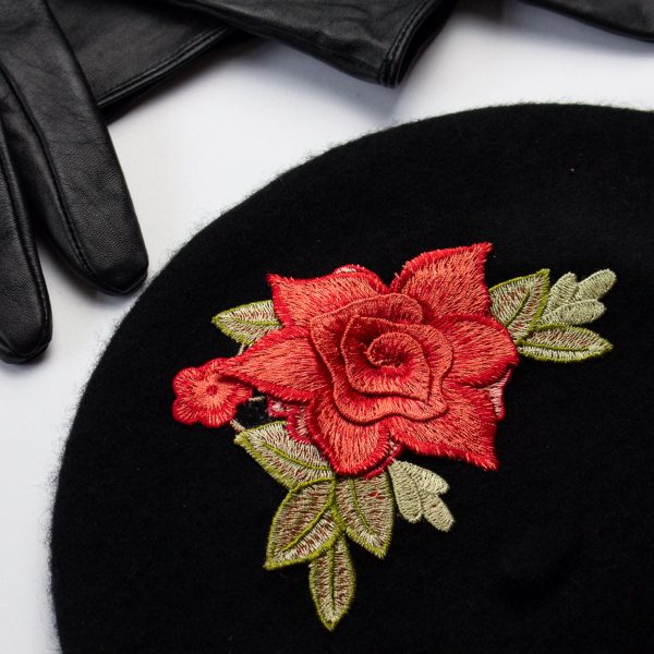 Black Women's Beret with Coral Roses