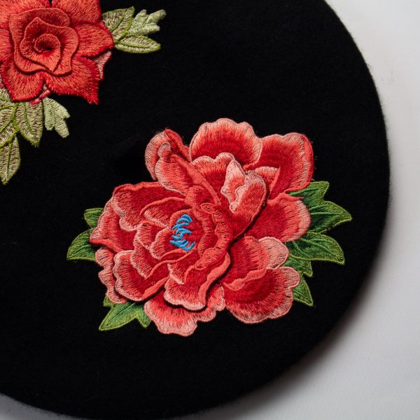Black French Beret with Embroidery Flowers