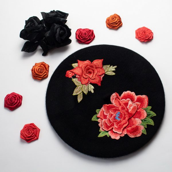 Black Beret with Embroidery Flowers