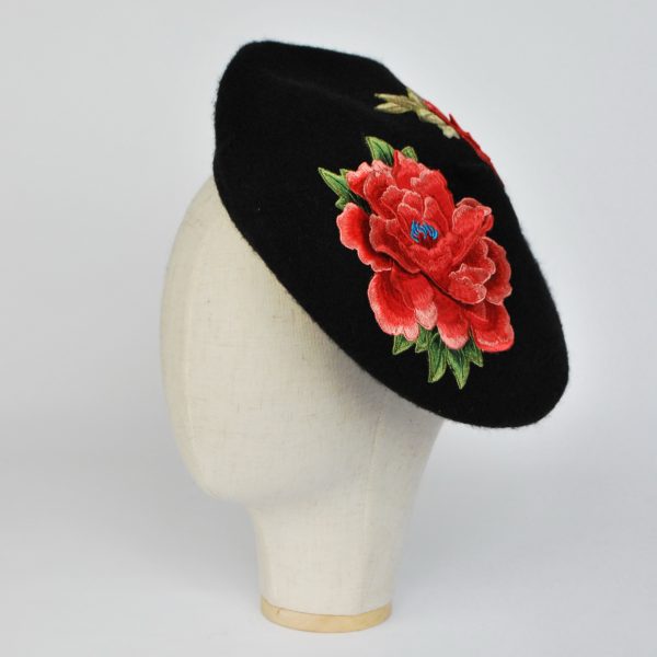 Black Autumn Beret Hat with Embroidery Flowers