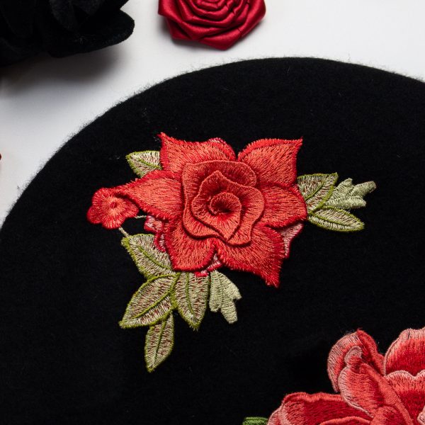 Black Women's Beret with Embroidery Flowers
