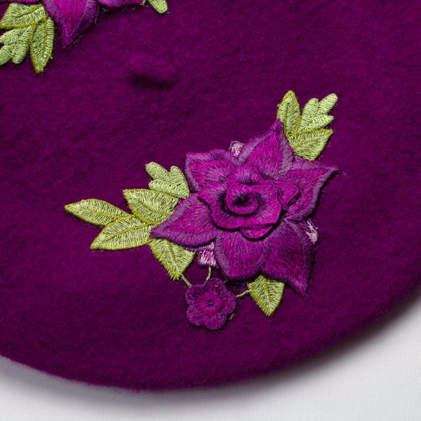 Magenta Women's Beret with Embroidered Purple Roses