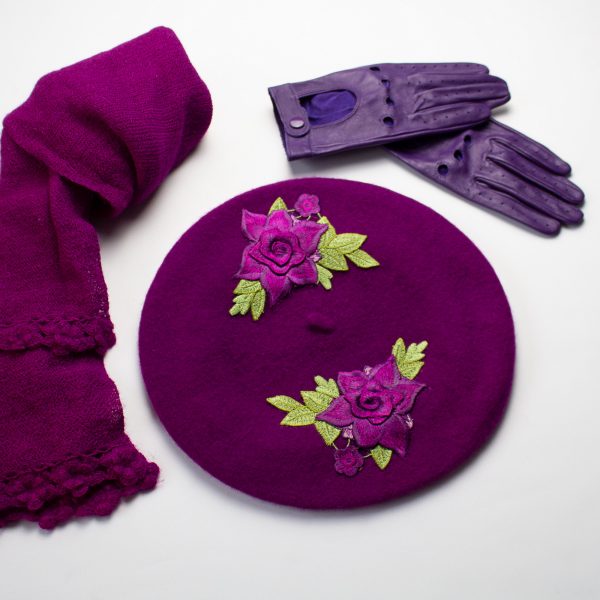 Magenta Beret with Purple Roses