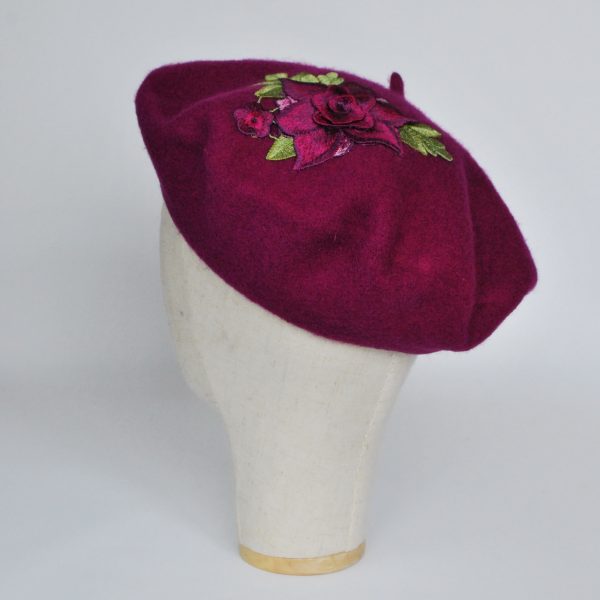 Magenta Women's Beret Hat with Purple Rose Flowers