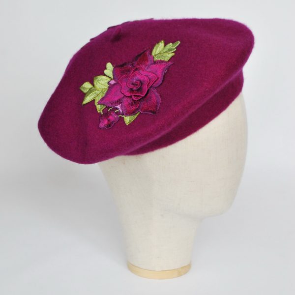Magenta Wool Felt Beret Hat with Purple Rose Flowers