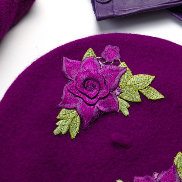 Magenta French Beret with Embroidered Purple Roses