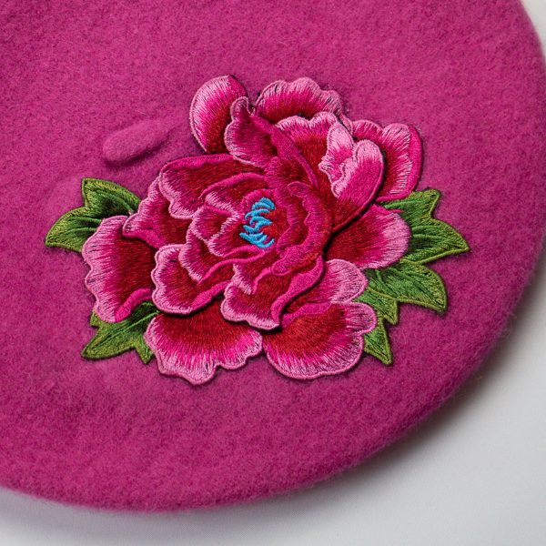 Pink Women's Beret with Pink Embroidery Flower