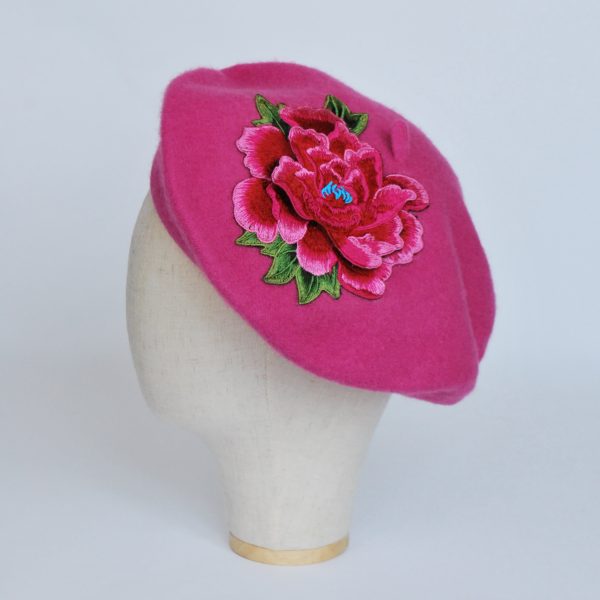 Pink French Beret with Pink Embroidery Flower