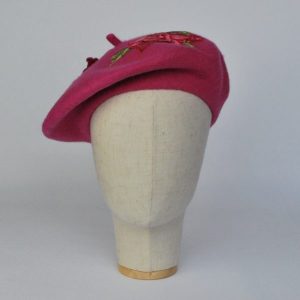 Pink Autumn Beret Hat with Embroidery Flowers