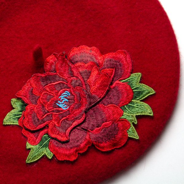 Red Women's Beret with Red Embroidery Flower