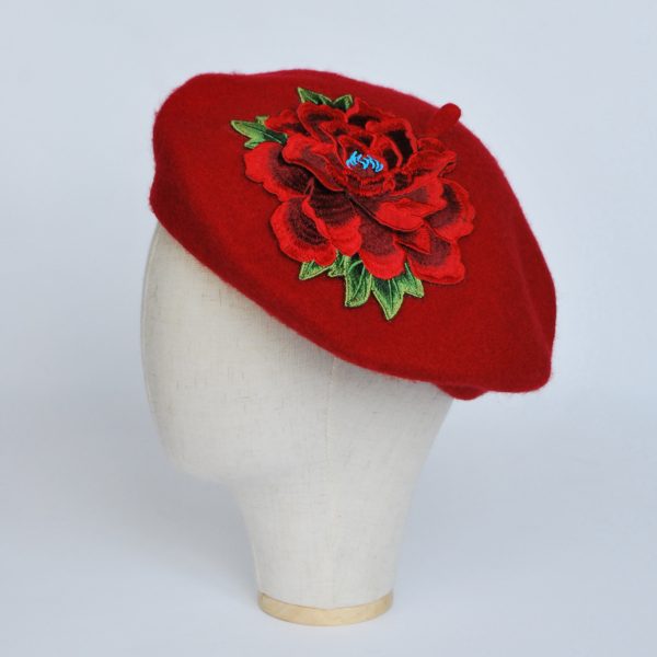 Red French Beret with Red Embroidery Flower