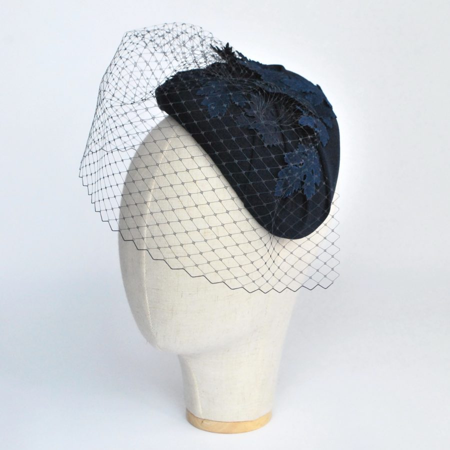 Navy Blue Half Hat with Birdcage Veil and Leather Leaves, Bespoke Small Hat by Imogen's Imagination