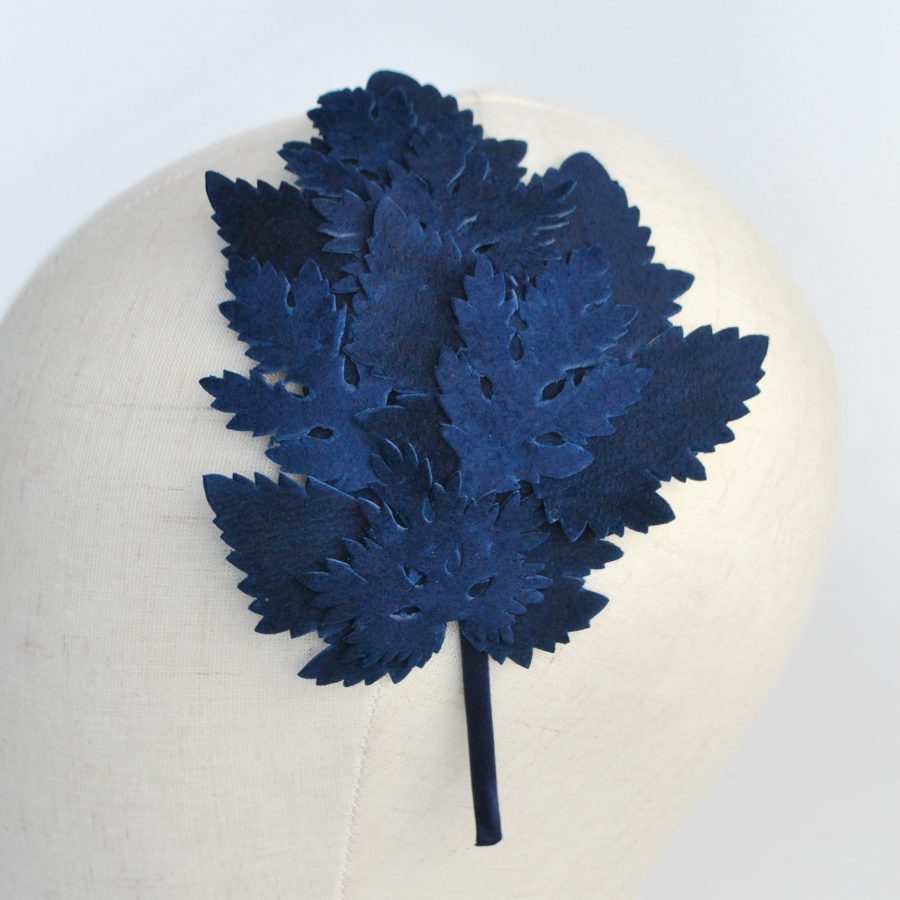 Bespoke Fascinator by Imogen's Imagination, Navy Blue Leather Leaf Fascinator