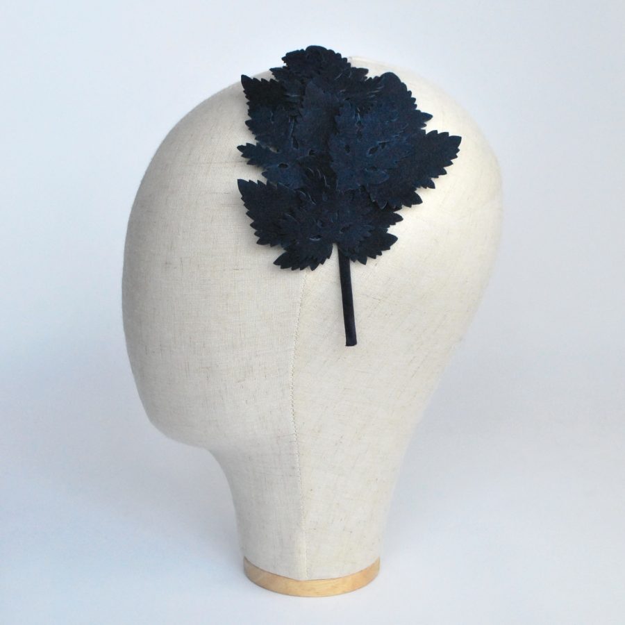 Navy Blue Leather Leaf Fascinator - side