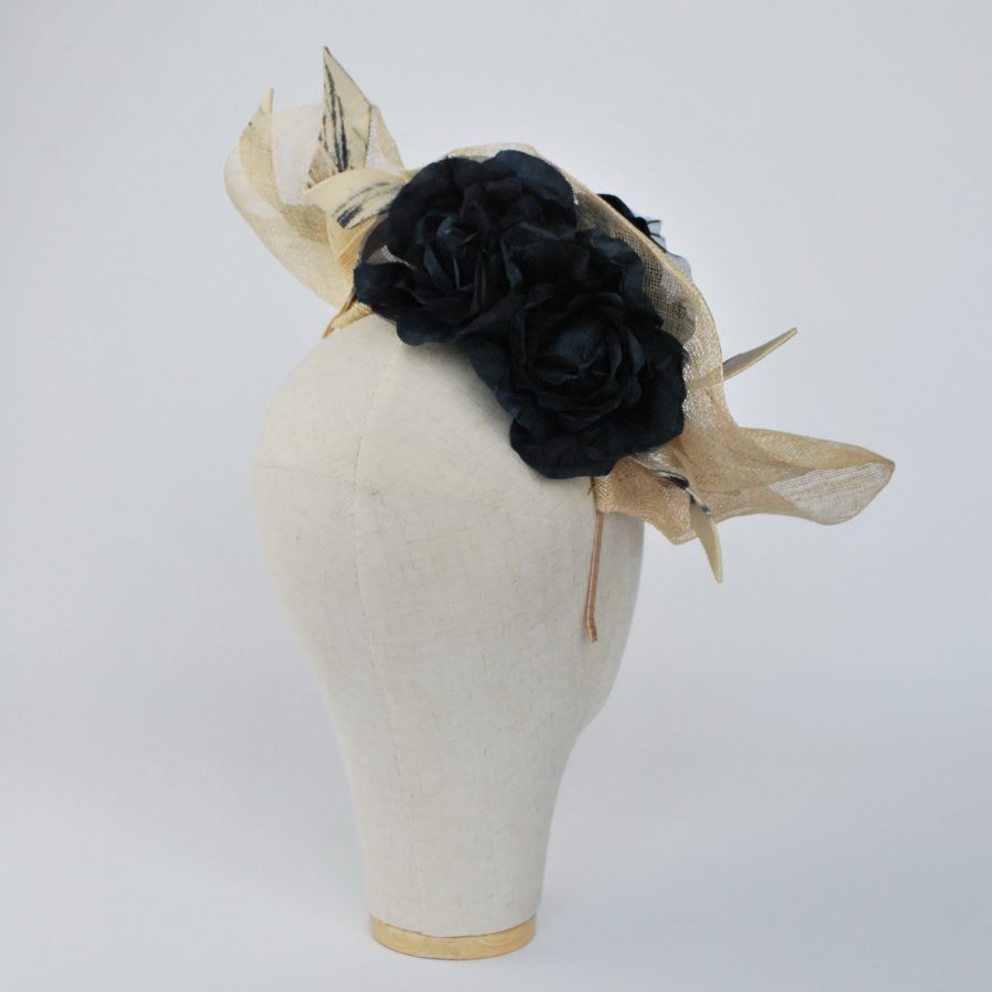 Natural Sinamay Fascinator with Navy Roses and Fabric Curls - back
