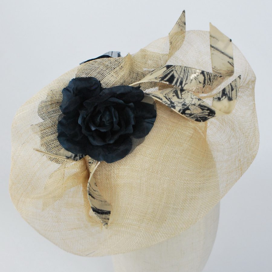 Bespoke Fascinator by Imogen's Imagination, Natural Sinamay Fascinator with Navy Roses and Fabric Curls