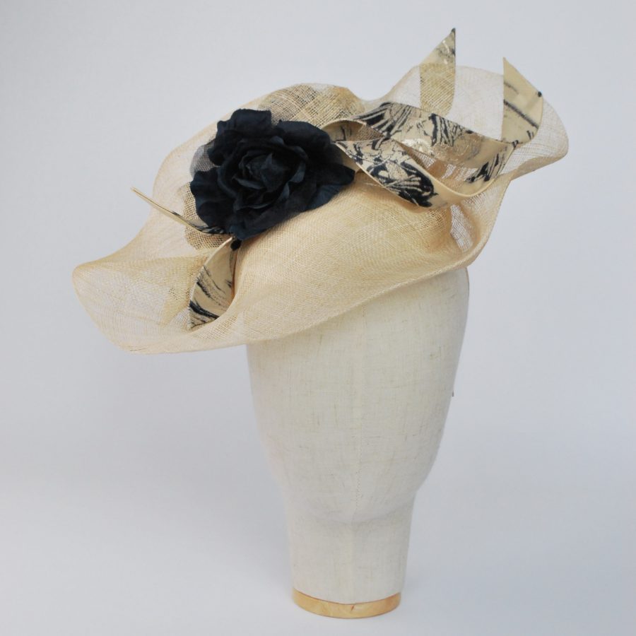 Natural Sinamay Fascinator with Navy Roses and Fabric Curls, Bespoke Fascinator by Imogen's Imagination