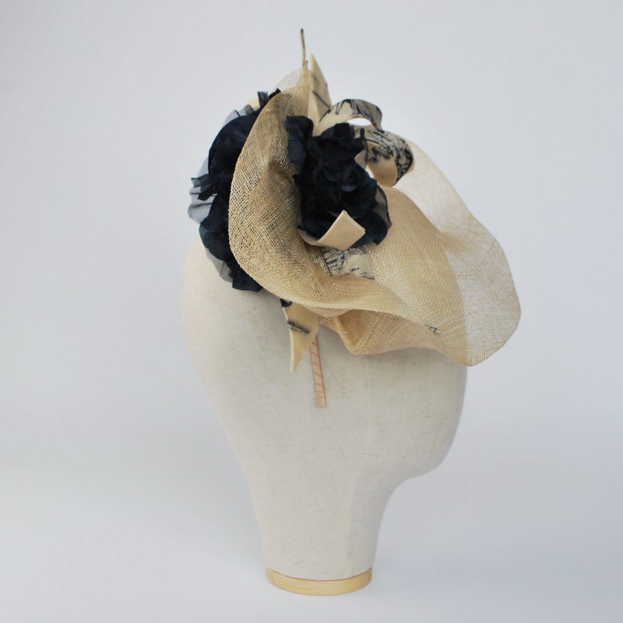 Natural Sinamay Fascinator with Navy Roses and Fabric Curls - side