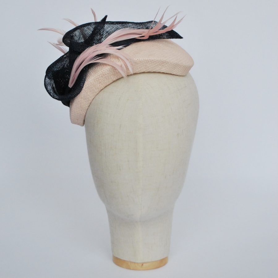 Nude Paper Straw Half Hat with Lilies and Feathers - front