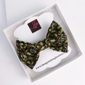 Black Christmas Holly Bow Hair Clip in a box