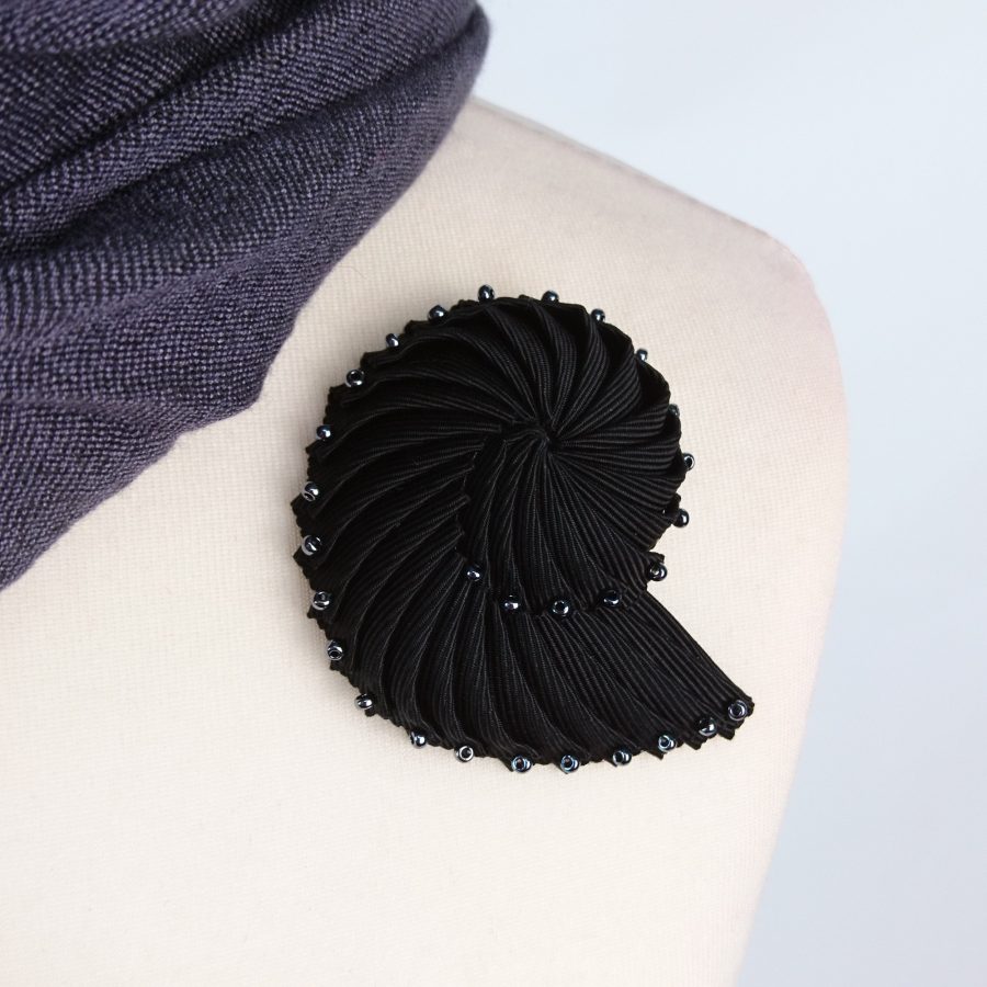 Black Ribbon Nautilus Shell Brooch with Pewter Beads