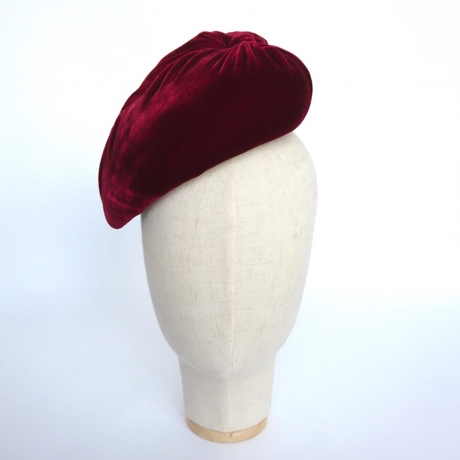 Burgundy Pleated Velvet Sloped Beret Hat