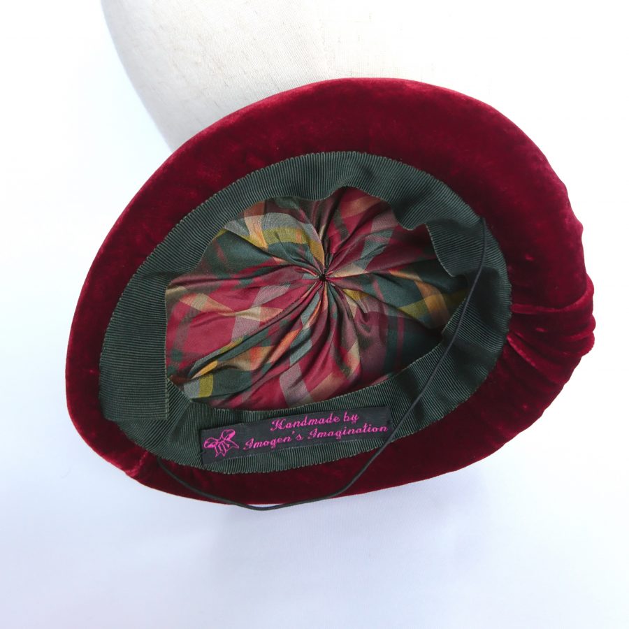 Lining of a burgundy velvet hat by Imogen's Imagination