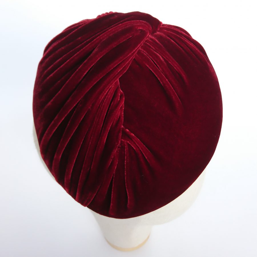 Detail of a pleated silk velvet hat by Imogen's Imagination