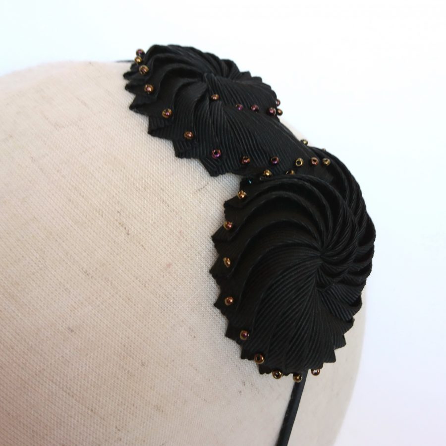 Black Ribbon and Bronze Bead Shell Headband