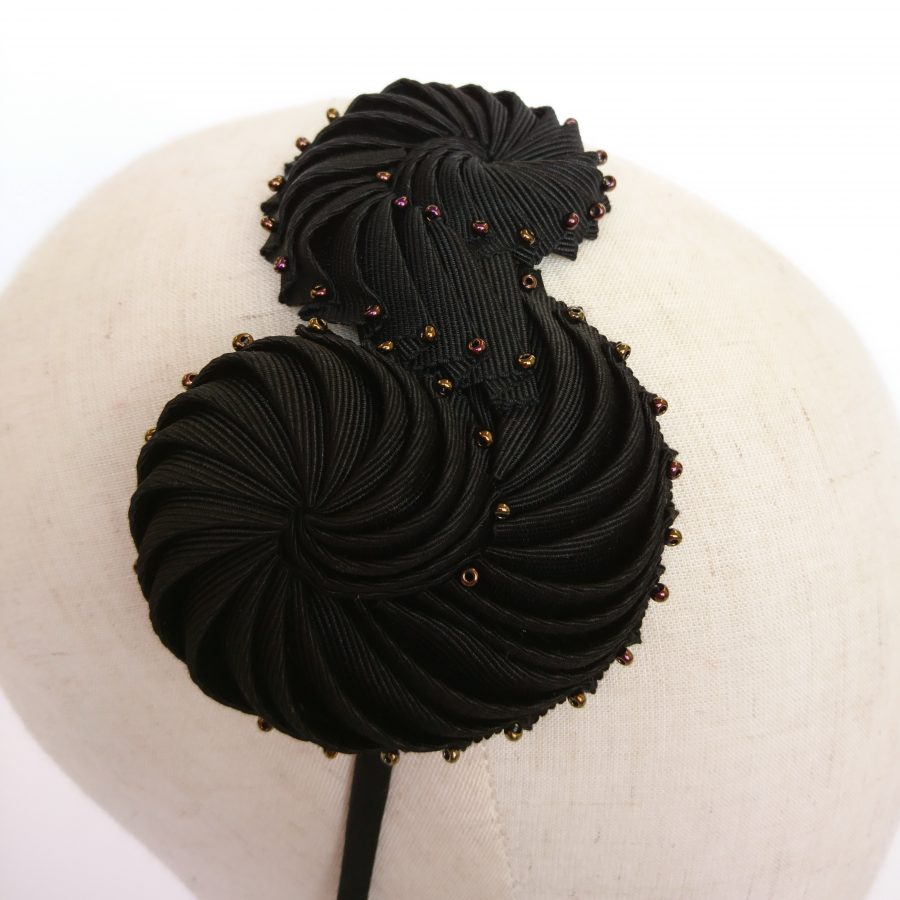 Black Pleated Ribbon Headband with Bronze Beads