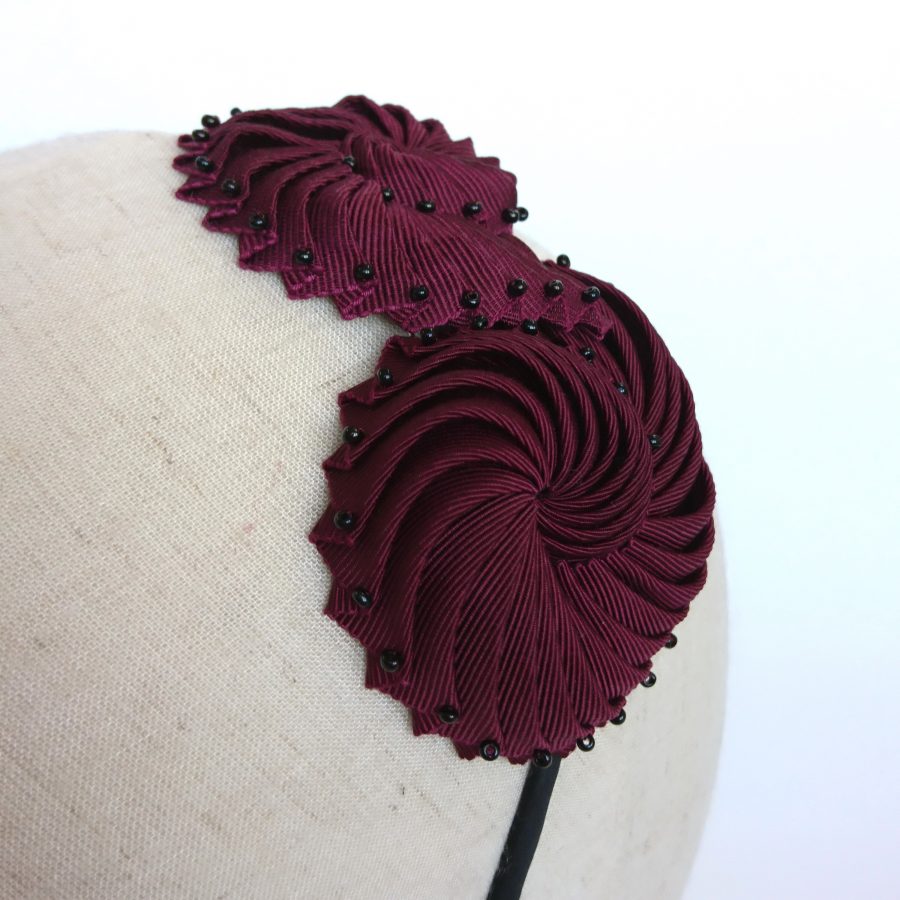 Wine Red Pleated Ribbon Headband with Black Beads