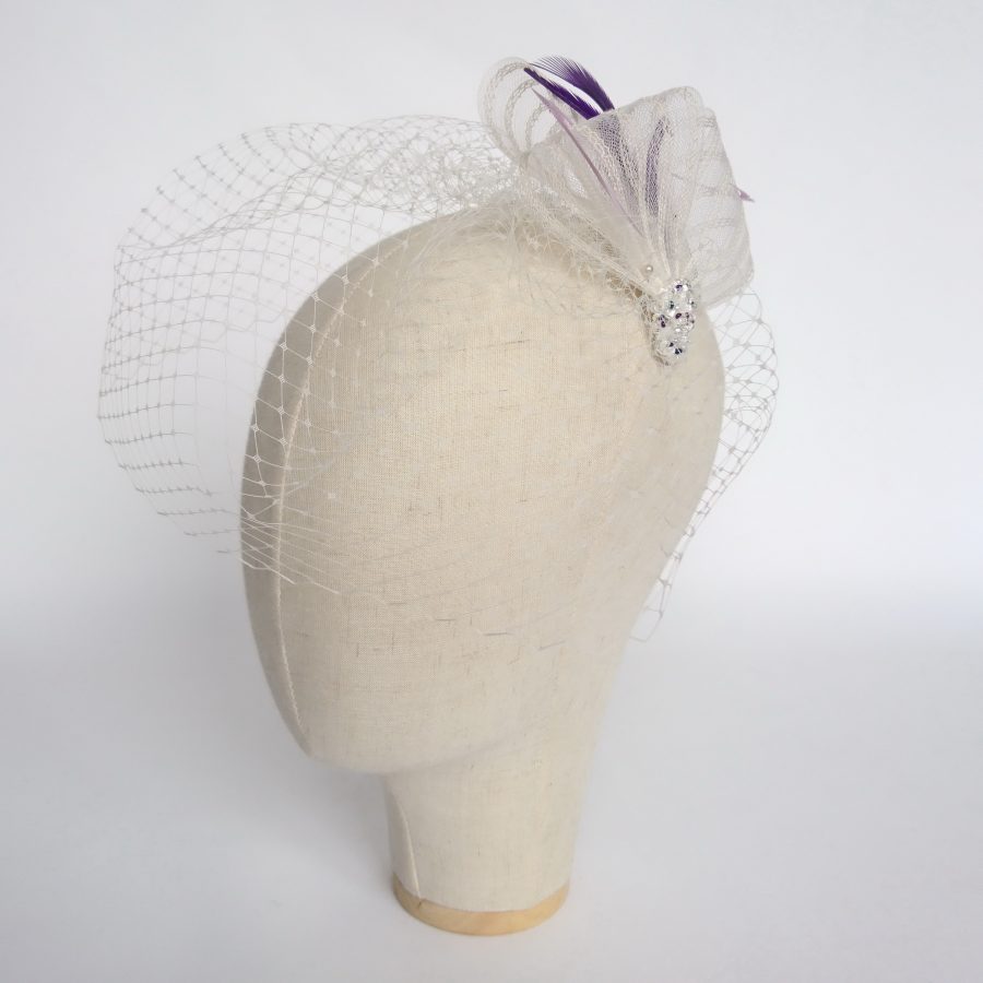 Ivory Crinoline Fascinator with Beading and a Midi Birdcage Veil​
