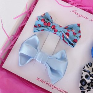 Blue Bow Hair Clip Set Blue Cherries and Pale Blue Satin