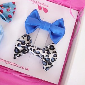 Blue satin and Leopard print hair bows