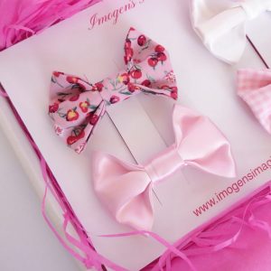 Pink Bow Hair Clip Set Pink Cherries and Pink Satin