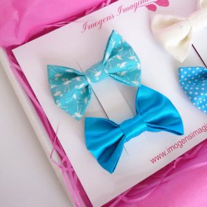 Turquoise Bow Hair Clip Set - Turquoise Flamingo and Turquoise Satin Bow Hair Clips
