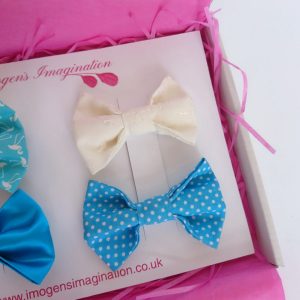 Ivory Broderie Anglais and Turquoise Polka Dot Bow Hair Clips