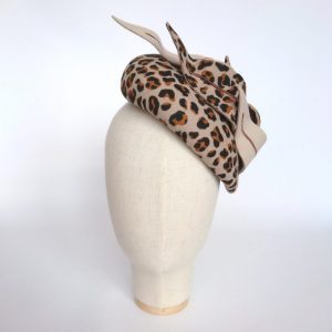 Leopard Felt Sloped Button Hat with Faux Feathers