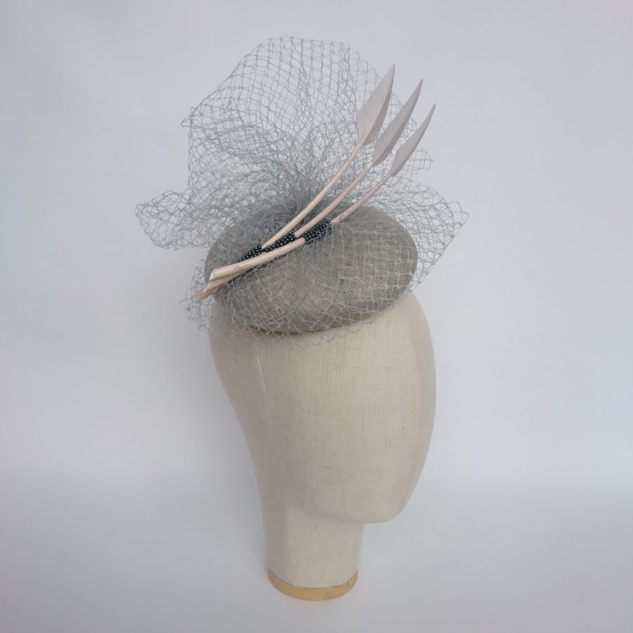 Grey Straw Hat with Veiling and Feathers