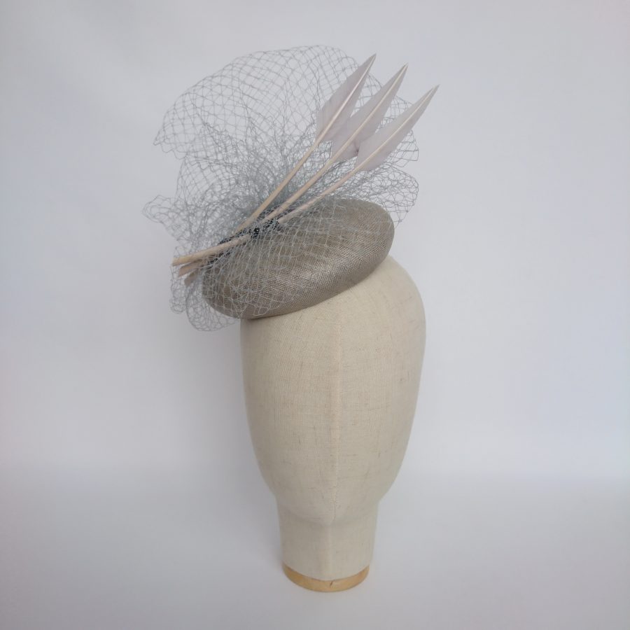 Grey Straw Hat with Veiling and Feathers
