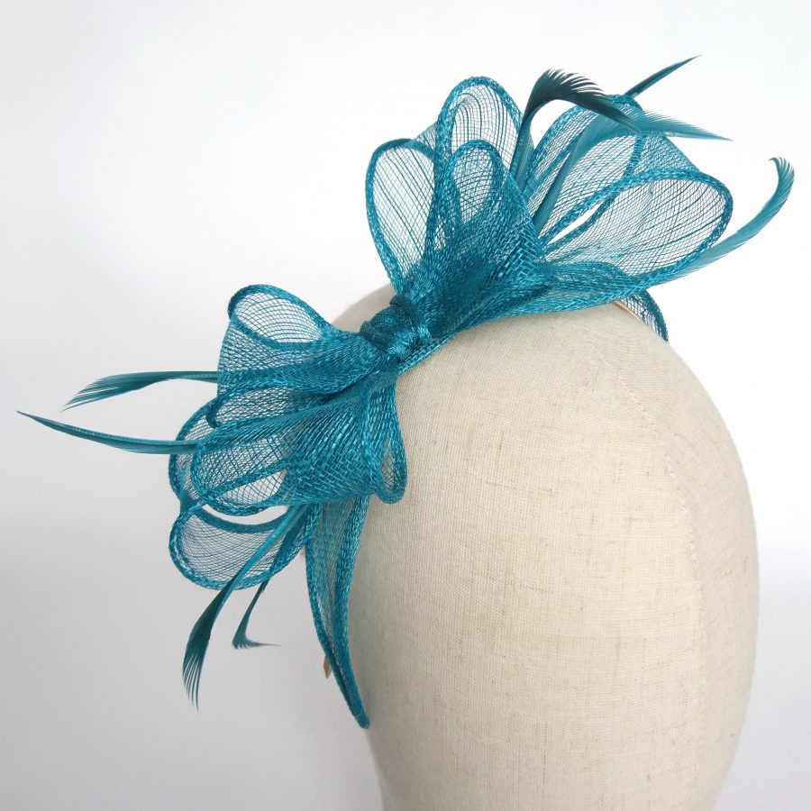Turquoise Bow Fascinator with Biot Feathers - Detail Shot
