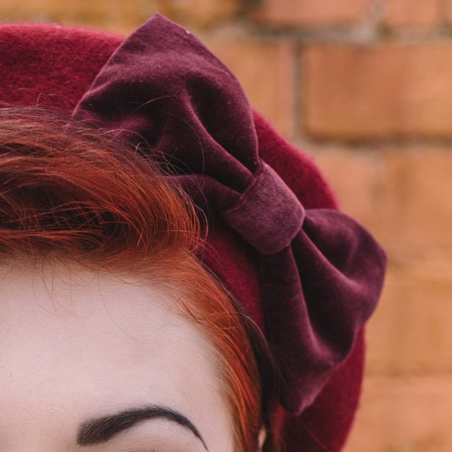 Autumn Winter Beret in Burgundy - Close up of Wine Red Velvet Bow