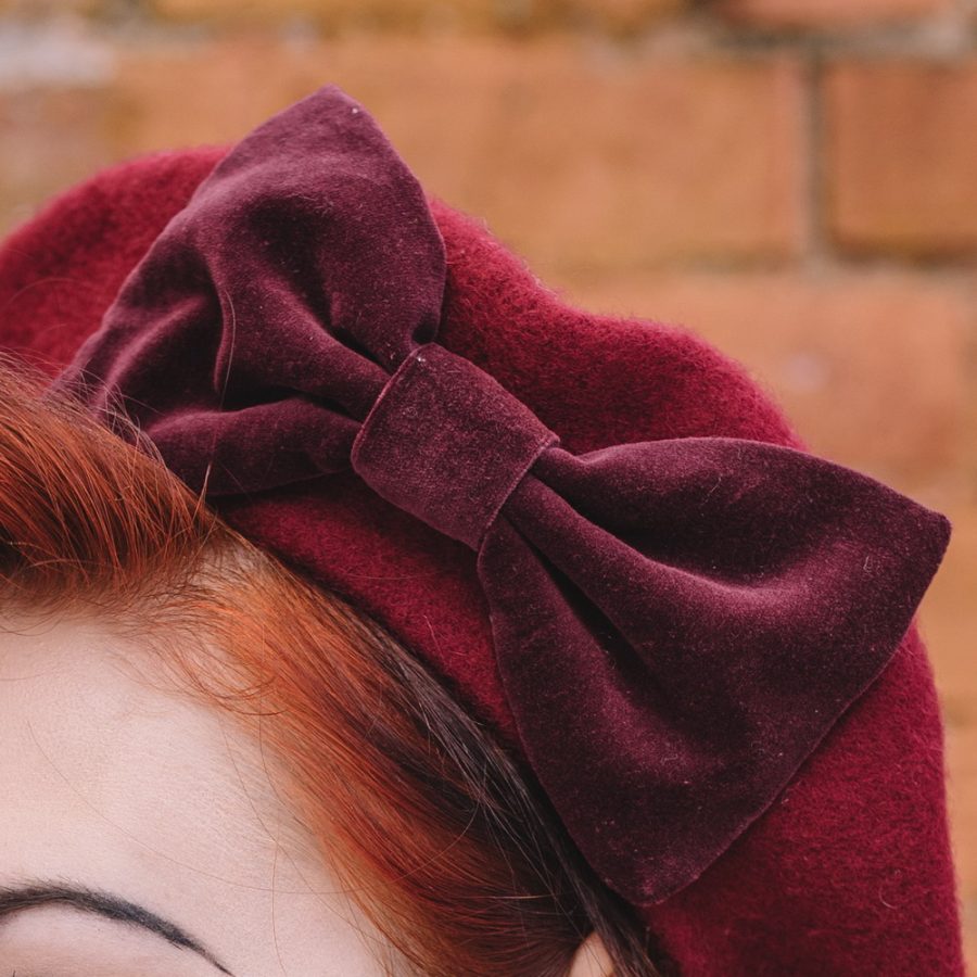 Autumn Winter Beret in Oxblood Red - Close up of Wine Red Velvet Bow
